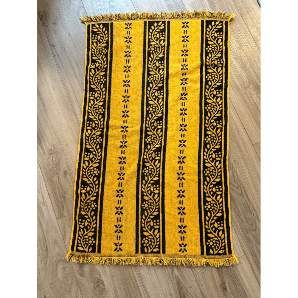 Vintage Martex Bath Towel Yellow Navy Blue Floral Reversible Fringe 100% Cotton